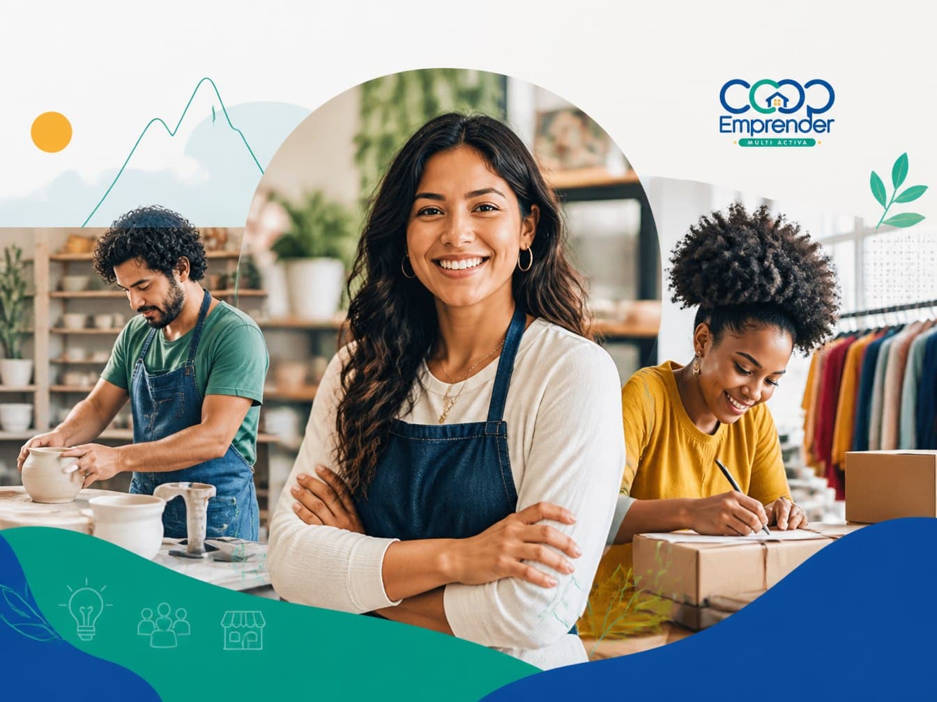 Tres emprendedores en sus negocios: cerámica, comercio y confección